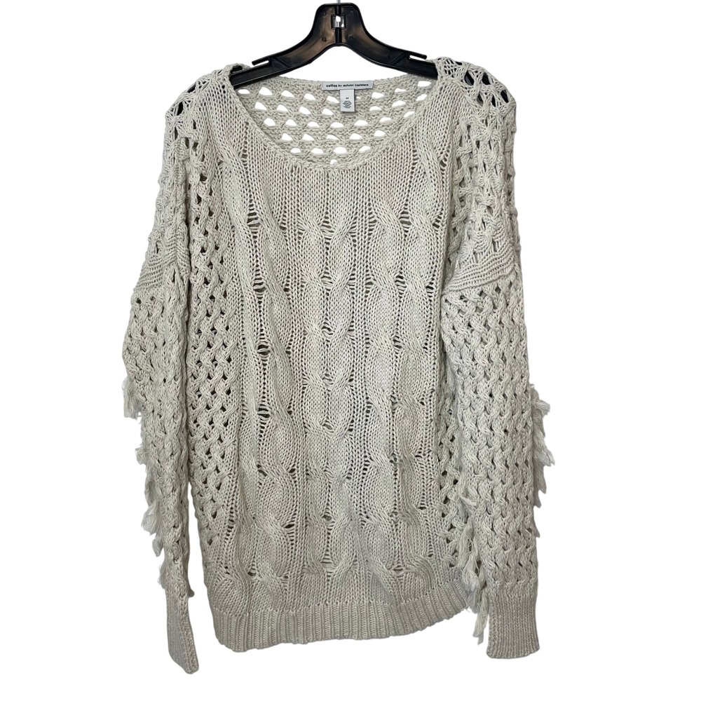 Cotton By Autumn Cashmere Open Knit Fringe Pullover Sweater Gray M Long‎ Sleeve